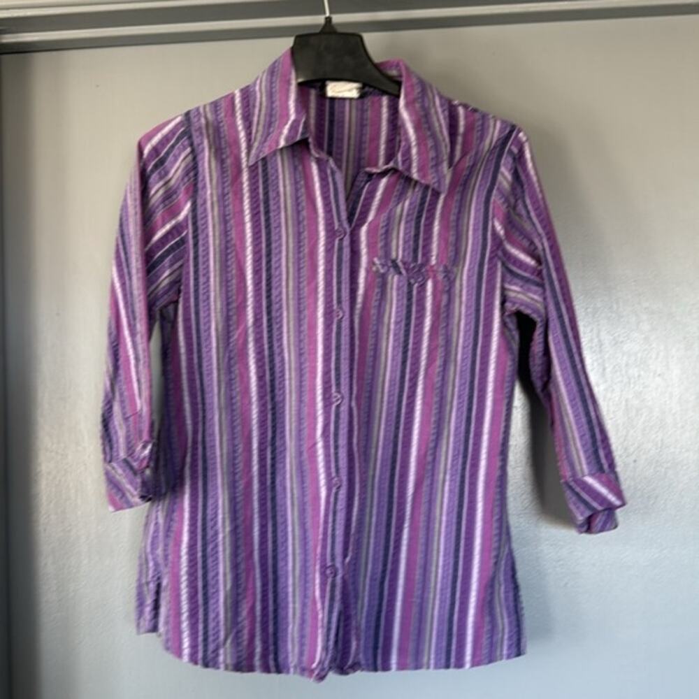 Southern Lady Purple Stripe Seersucker Women's Button Top 3/4 Sleeves sz S